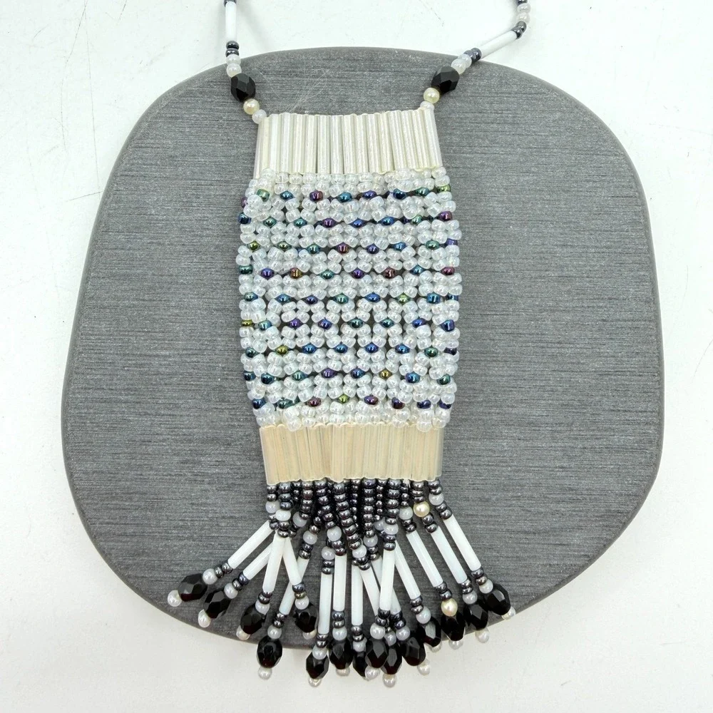 White Black Beaded Woven Fringe Pendant Necklace Boho Festival Statement Gift
